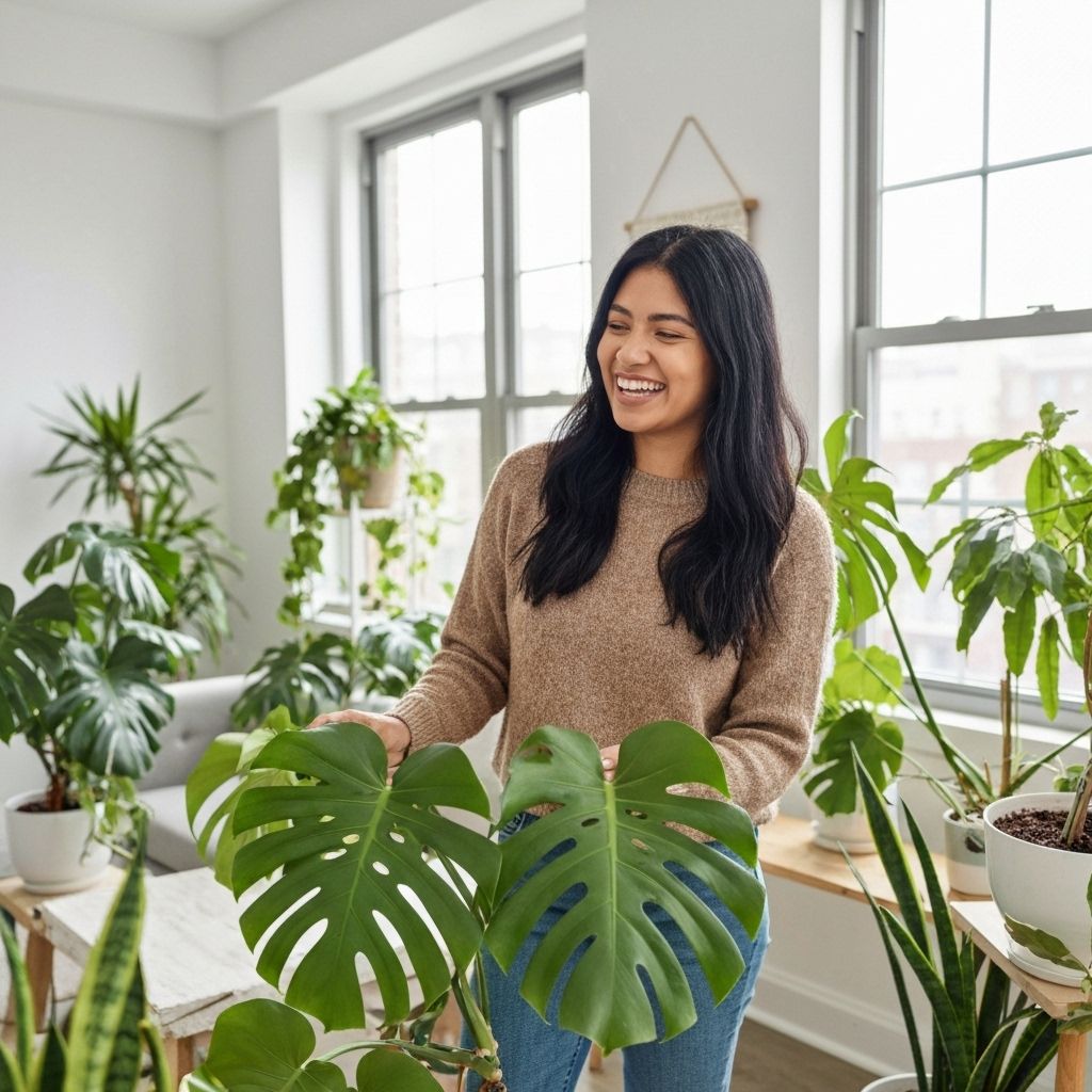 Happy plant parent with thriving plants